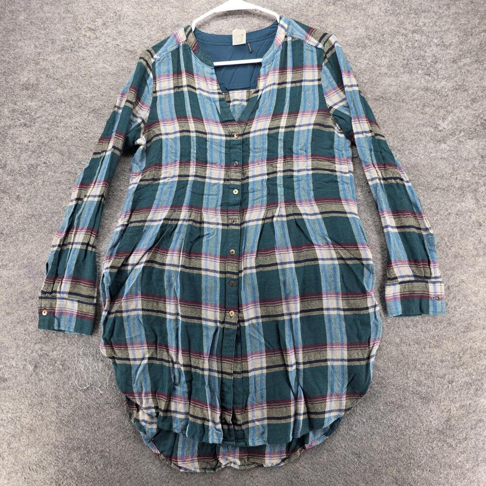 Akemi + Kin Dress Womens S Green Shirt Dress Hi-Low Plaid Long Sleeve Tunic